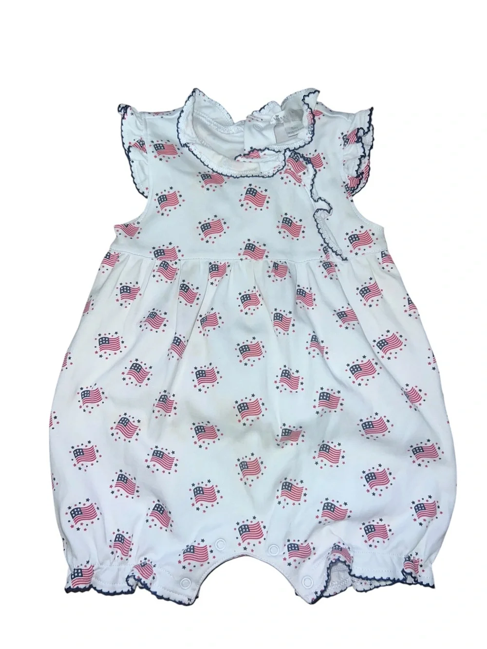 White Sleeveless Flag Romper with Red & Blue Flag Print